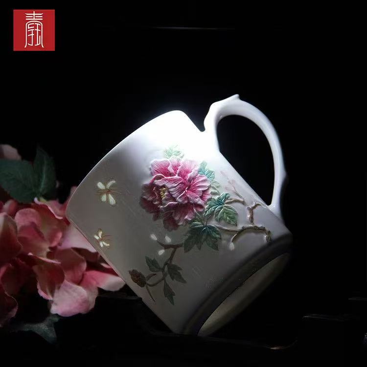 景德钰青 ·私人定制对杯【堆雕牡丹荷花办公杯】