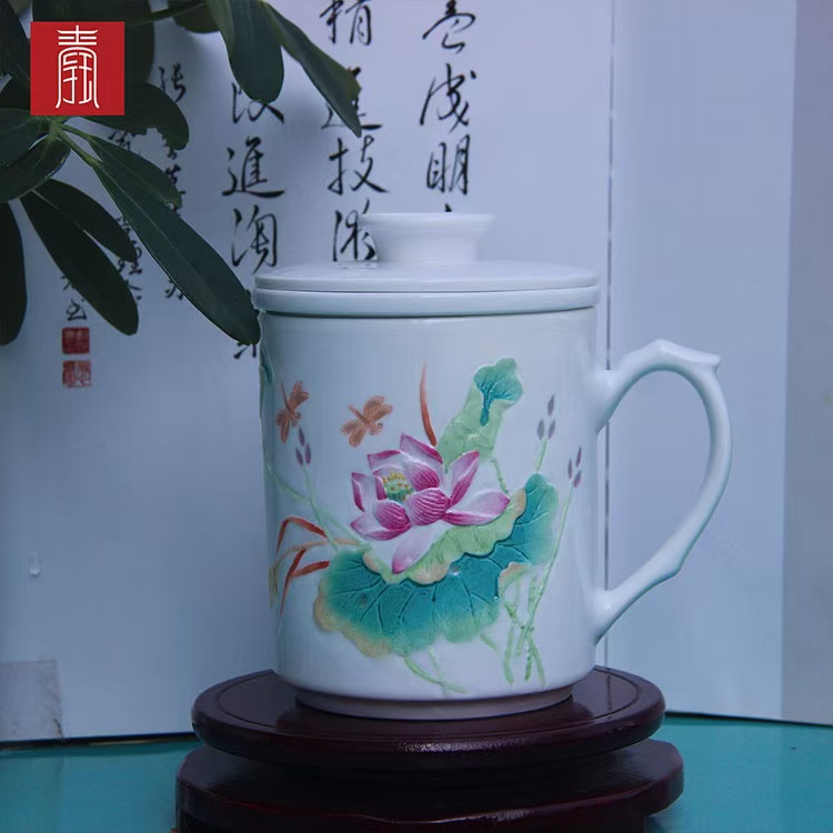 景德钰青 ·私人定制对杯【堆雕牡丹荷花办公杯】