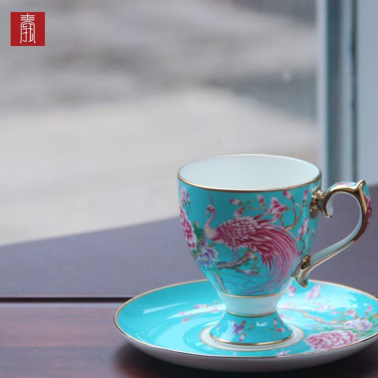 景德钰青 •【雀翎映丹盏·蓝】高脚咖啡杯