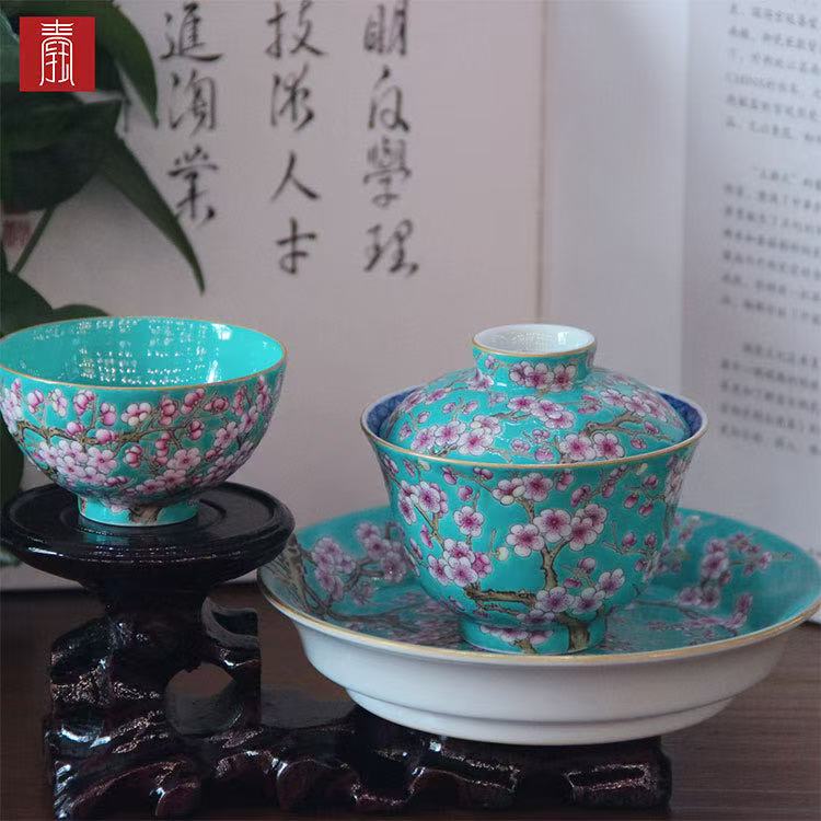 景德钰青 ·【松石绿粉彩满工梅花】