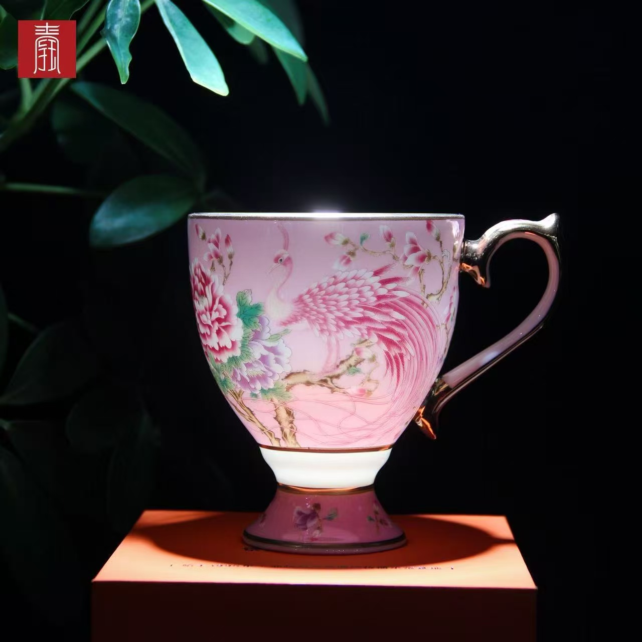 景德钰青 •【雀翎映丹盏·粉】高脚咖啡杯