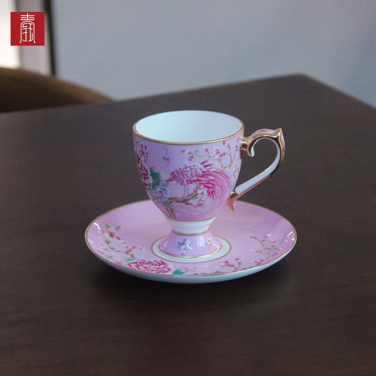 景德钰青 •【雀翎映丹盏·粉】高脚咖啡杯