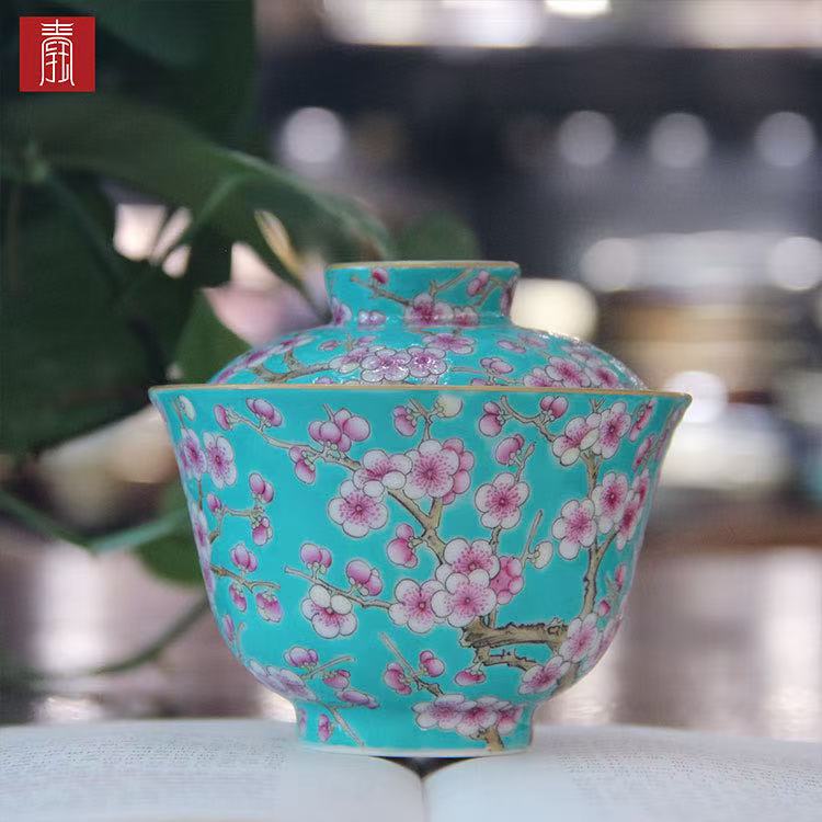 景德钰青 ·【松石绿粉彩满工梅花】