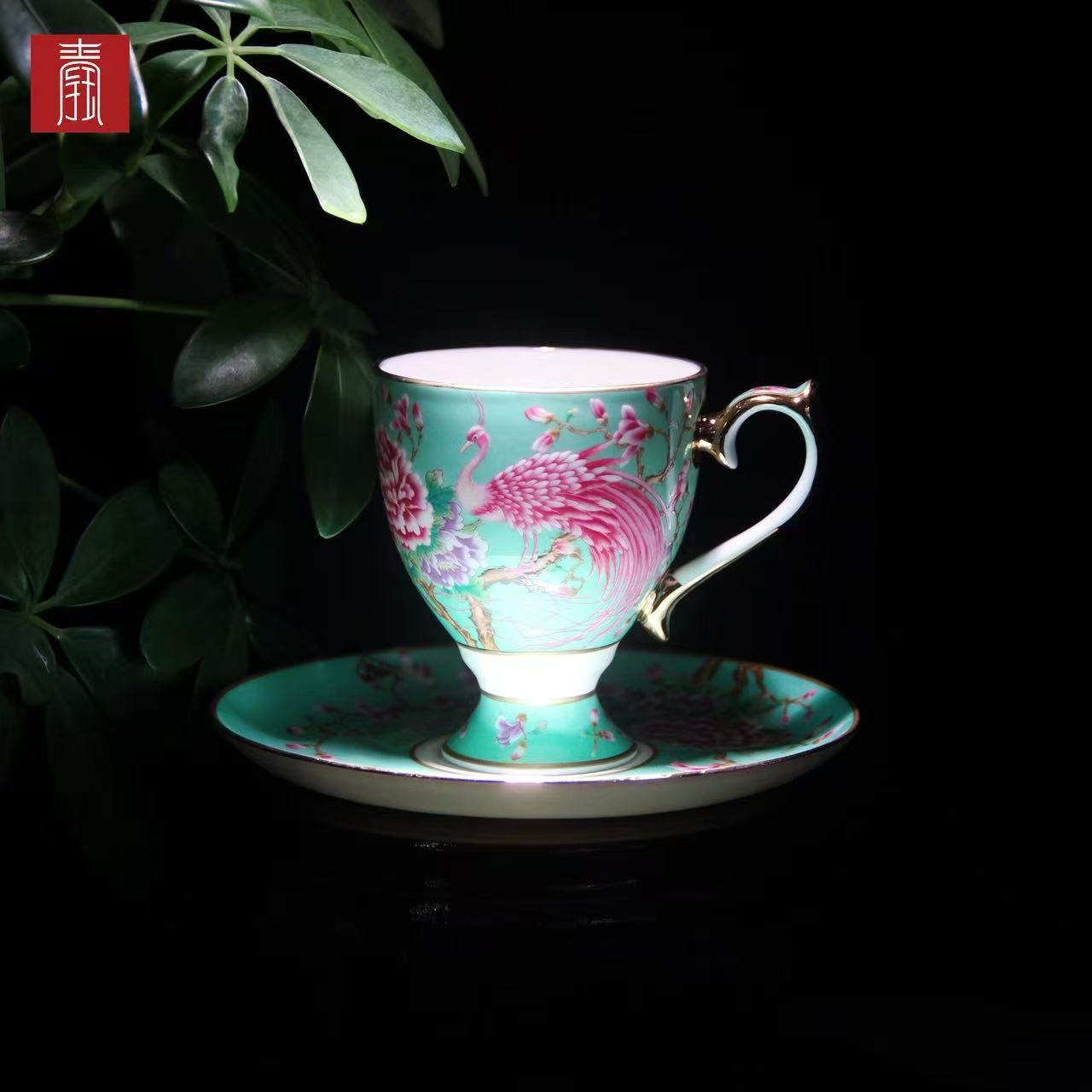 景德钰青 •【雀翎映丹盏·春日青】高脚咖啡杯