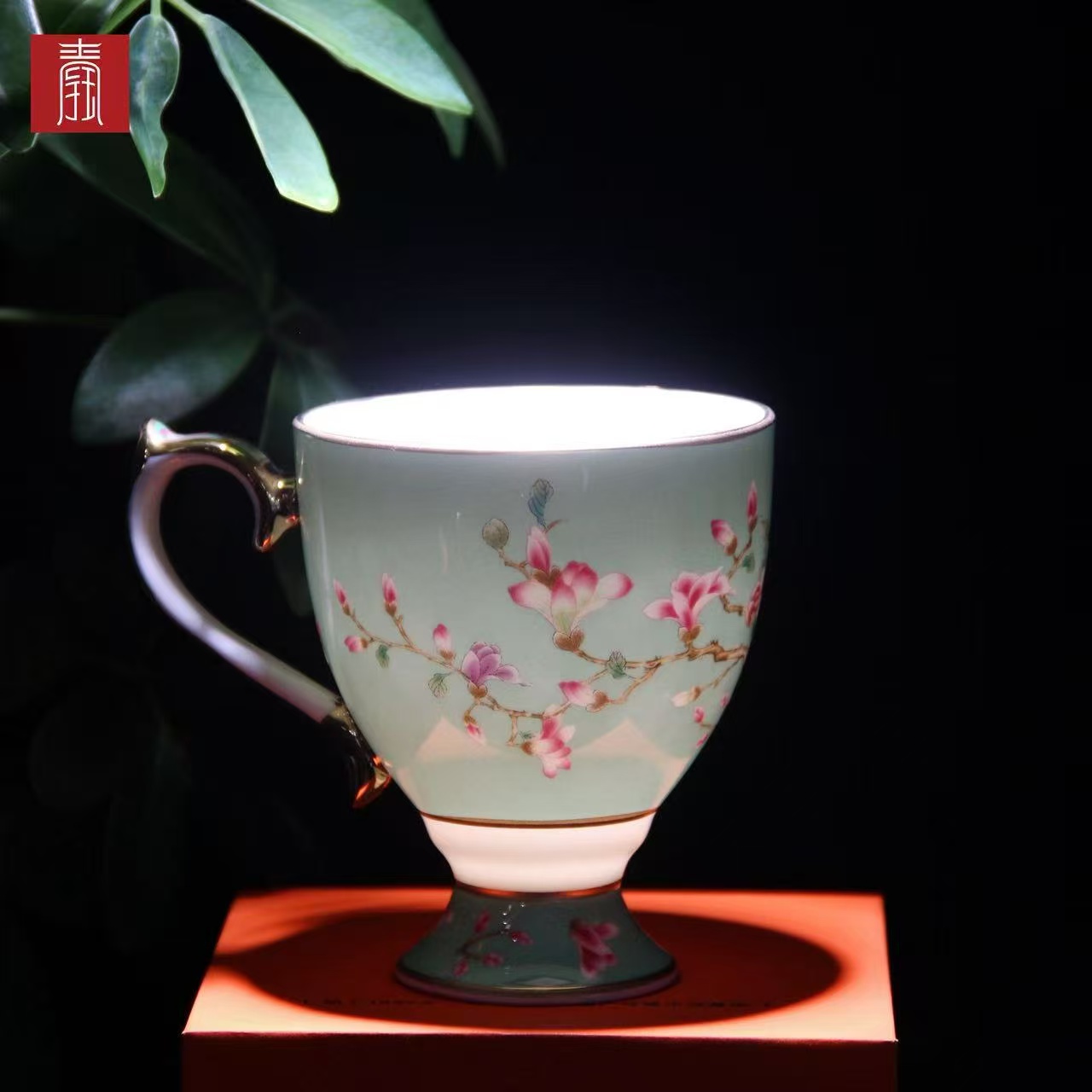 景德钰青 •【雀翎映丹盏·春日青】高脚咖啡杯