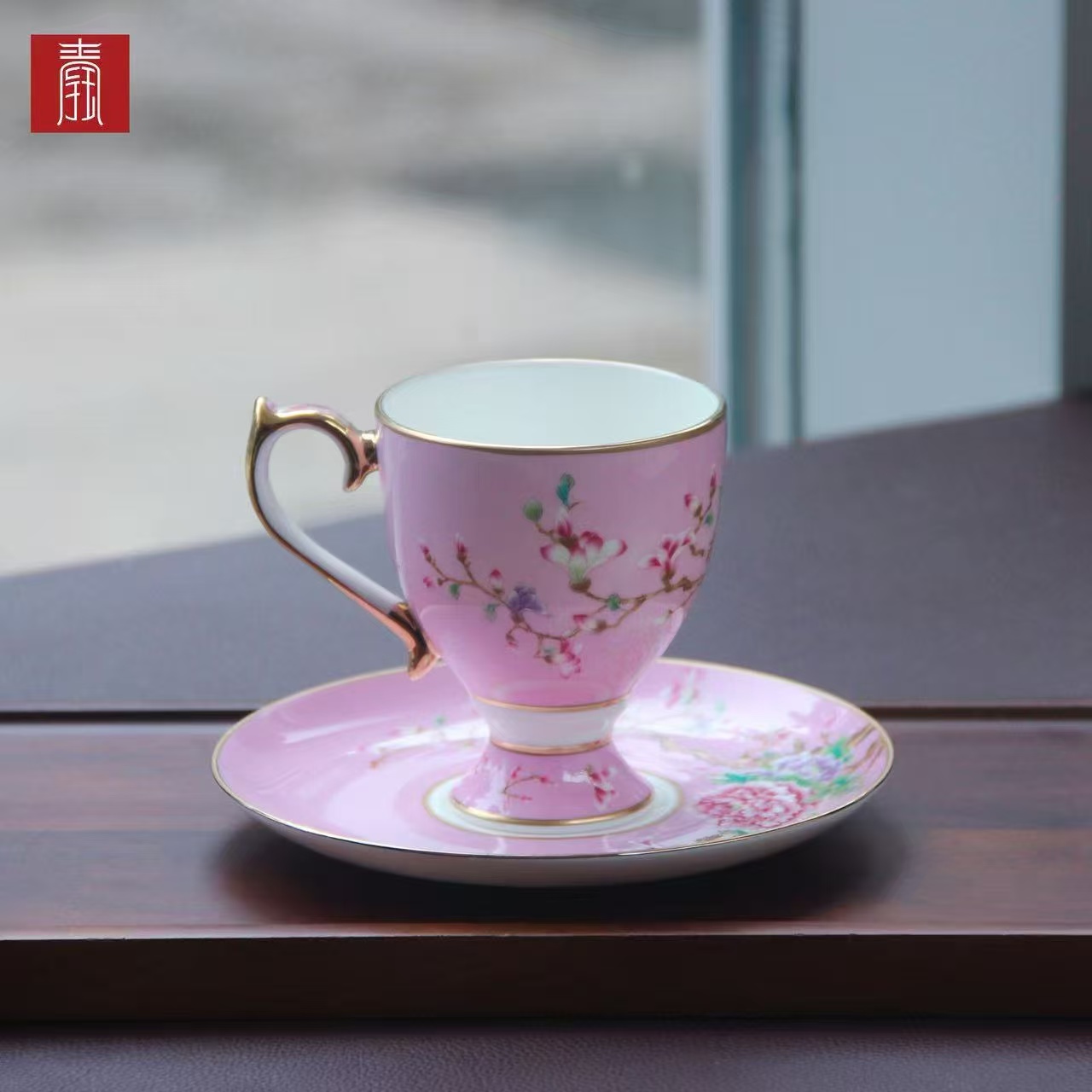 景德钰青 •【雀翎映丹盏·粉】高脚咖啡杯
