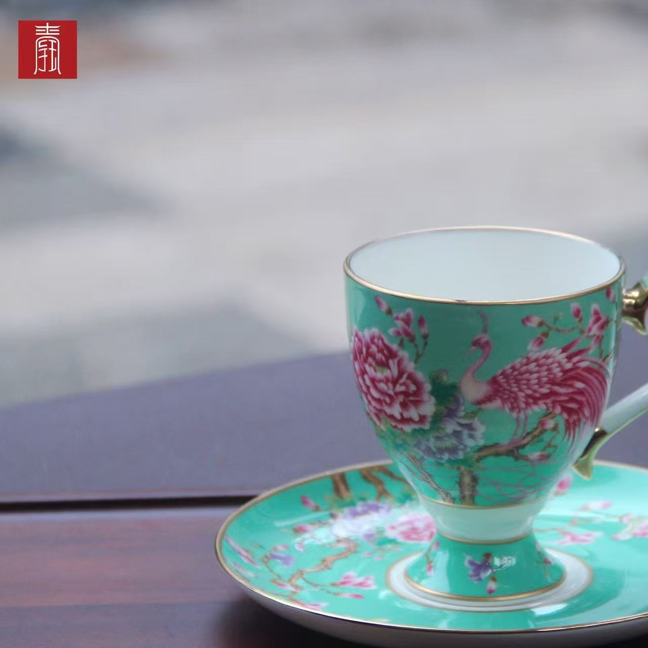 景德钰青 •【雀翎映丹盏·春日青】高脚咖啡杯
