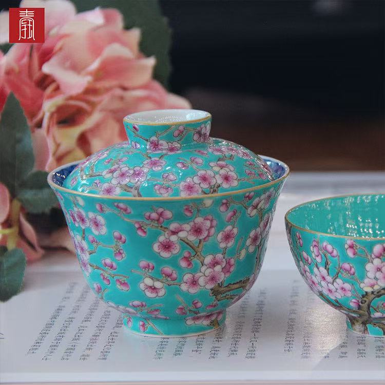 景德钰青 ·【松石绿粉彩满工梅花】