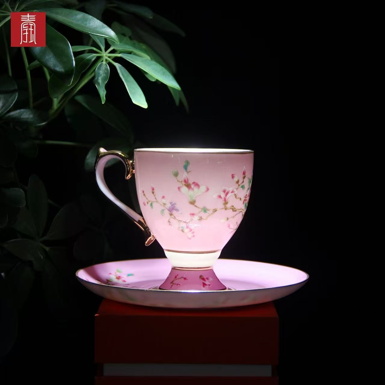 景德钰青 •【雀翎映丹盏·粉】高脚咖啡杯