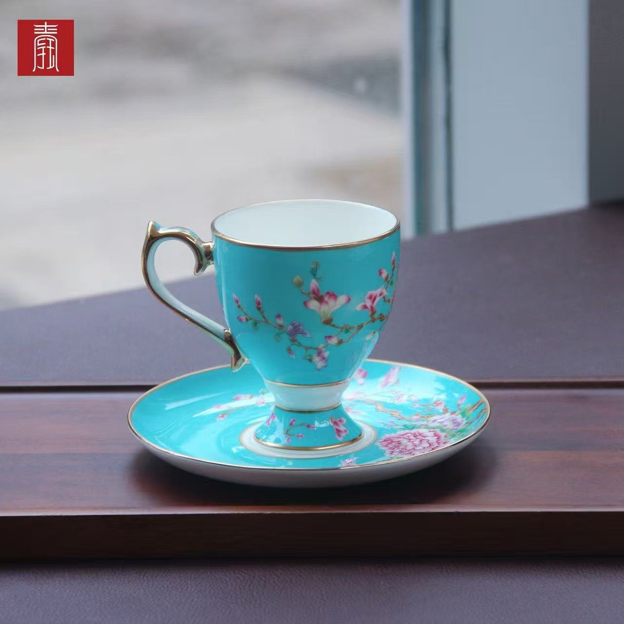 景德钰青 •【雀翎映丹盏·蓝】高脚咖啡杯