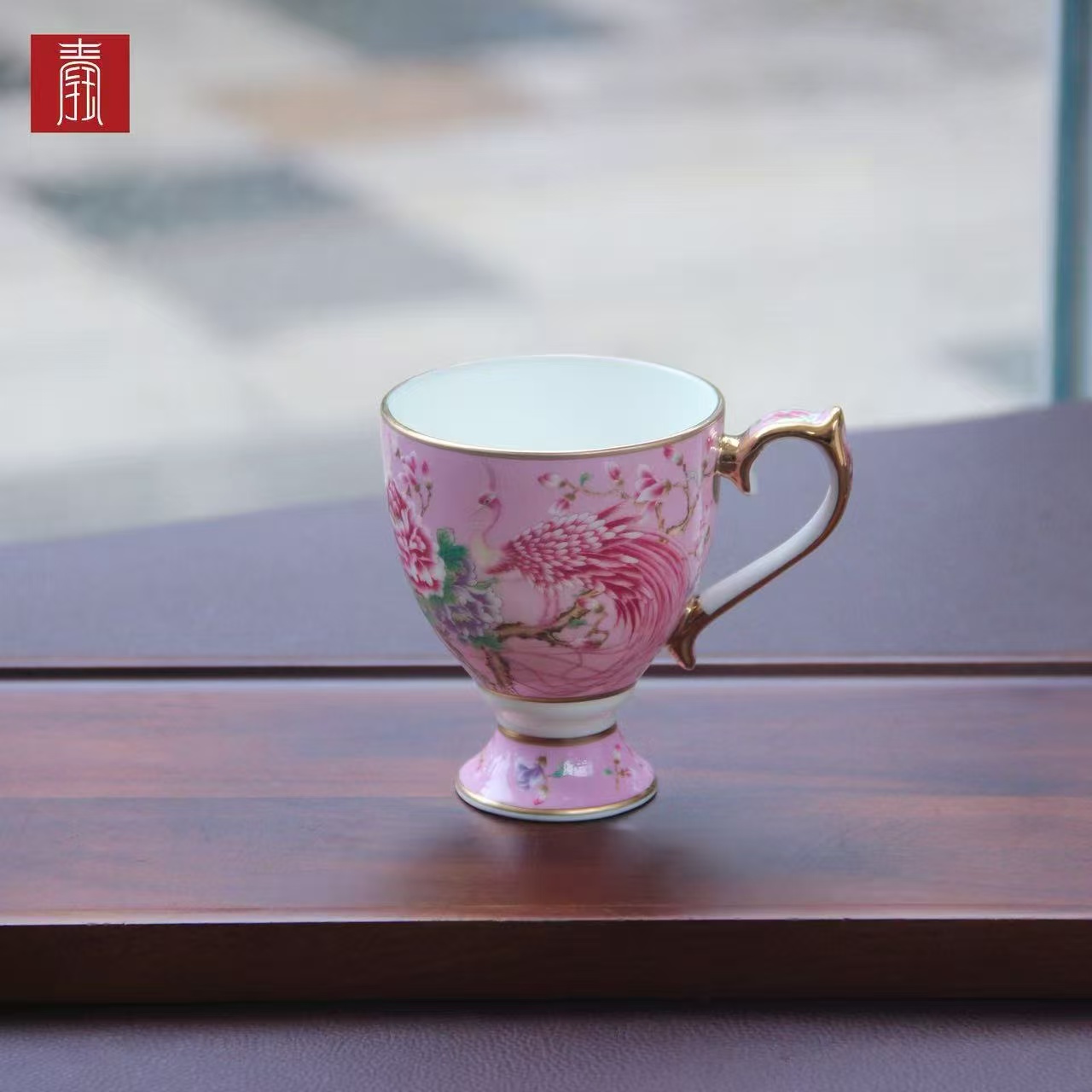 景德钰青 •【雀翎映丹盏·粉】高脚咖啡杯