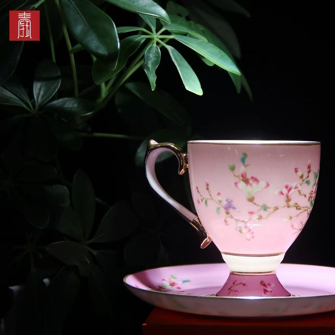 景德钰青 •【雀翎映丹盏·粉】高脚咖啡杯