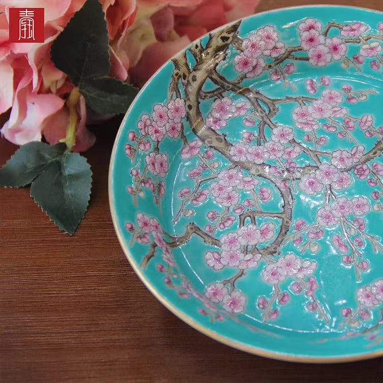 景德钰青 ·【松石绿粉彩满工梅花】