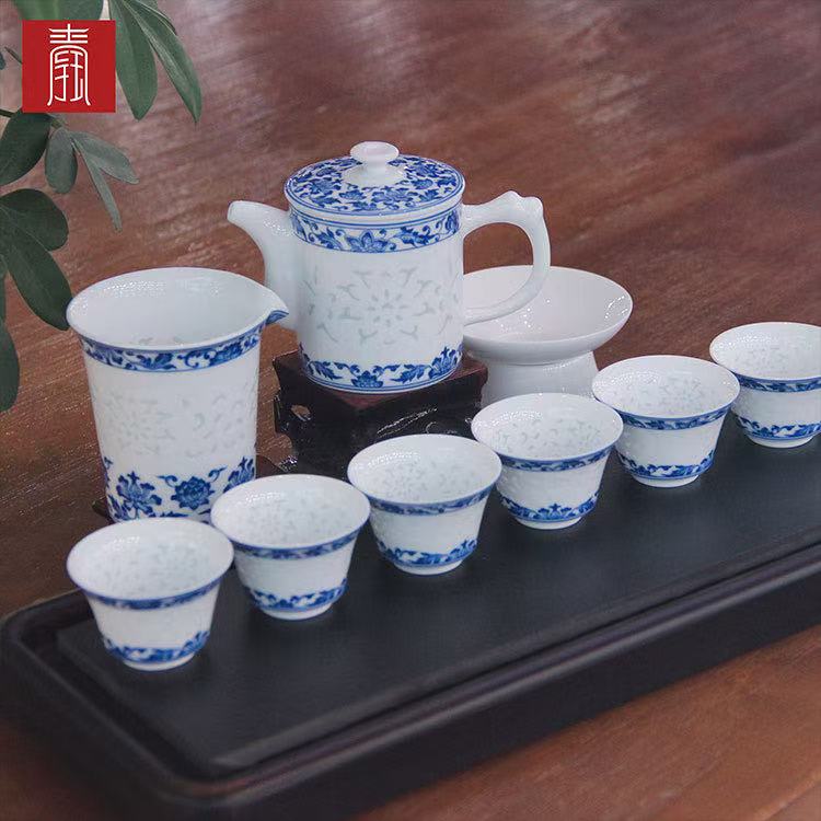 景德钰青•【青花玲珑缠枝莲纹茶器】