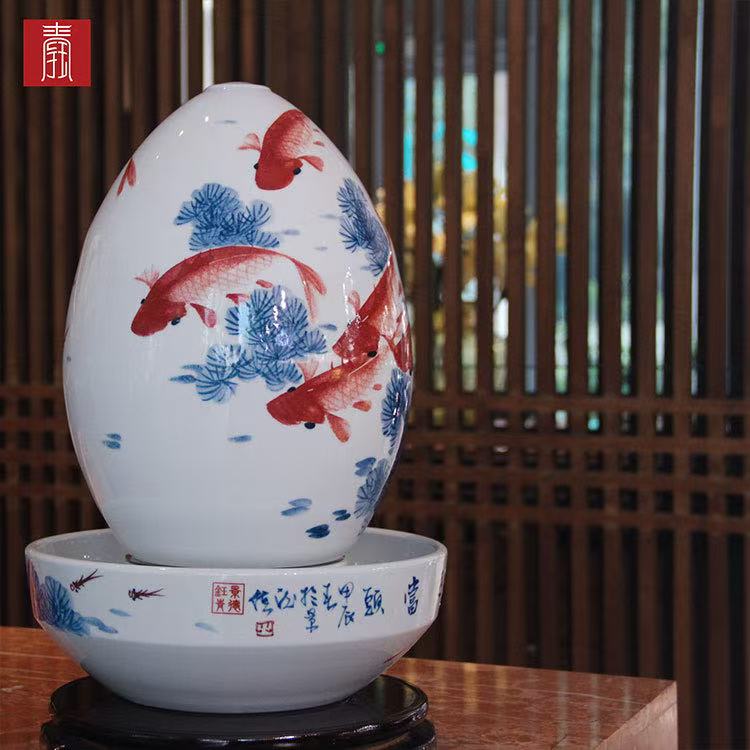 景德钰青·财源滚滚流水瓶【年年有鱼】