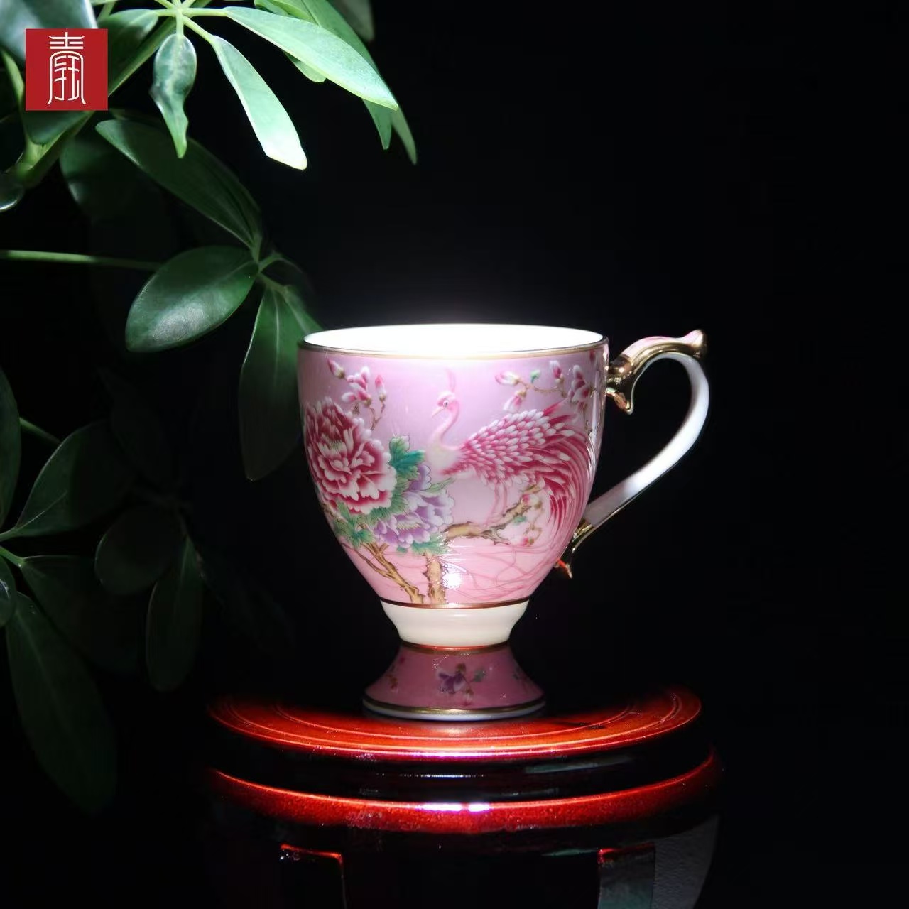 景德钰青 •【雀翎映丹盏·粉】高脚咖啡杯