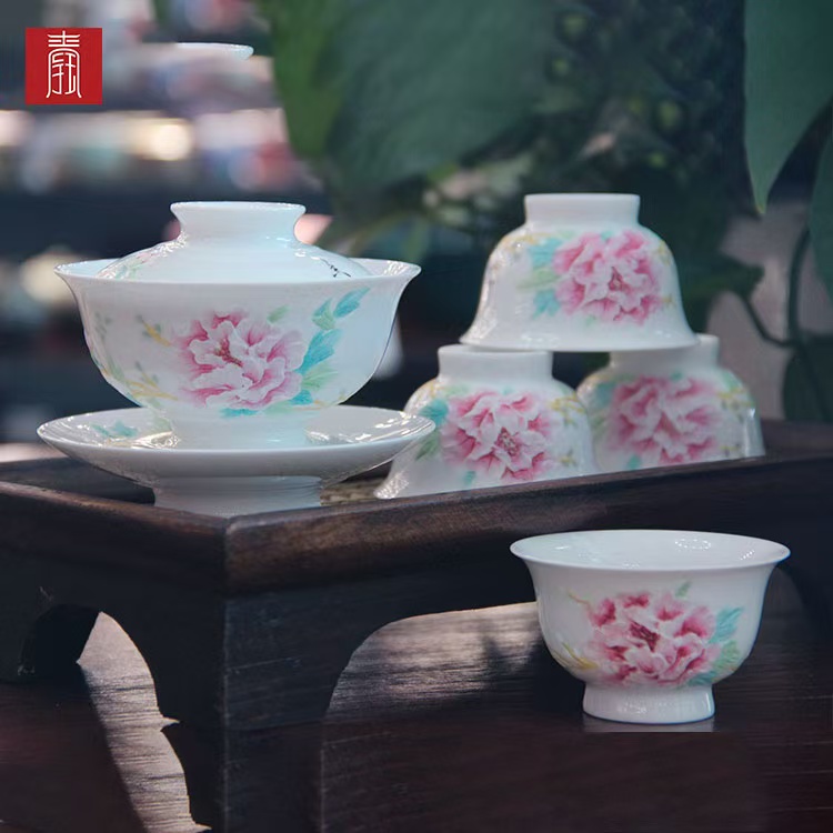 景德钰青 ·手绘茶具【富贵牡丹】