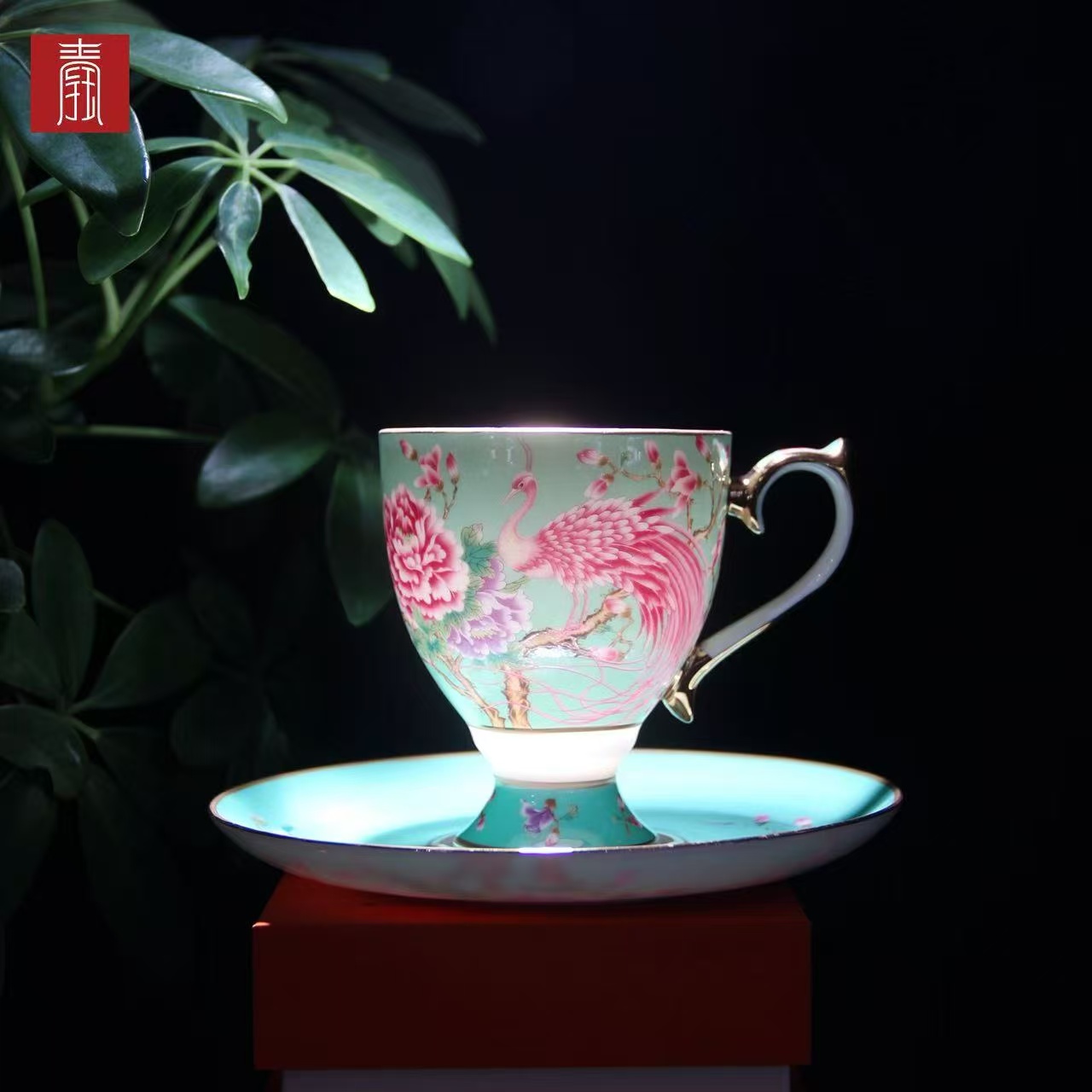 景德钰青 •【雀翎映丹盏·春日青】高脚咖啡杯