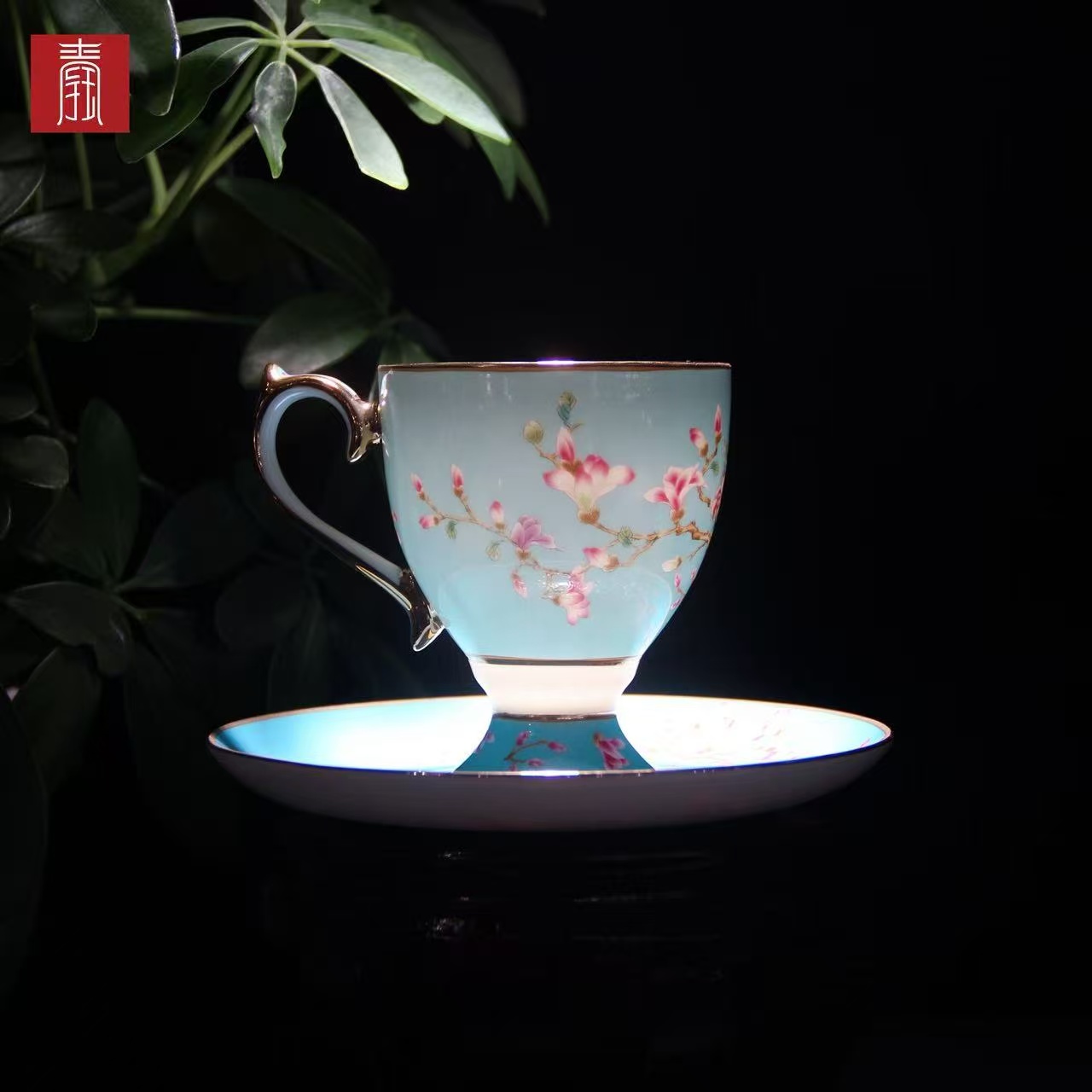 景德钰青 •【雀翎映丹盏·蓝】高脚咖啡杯